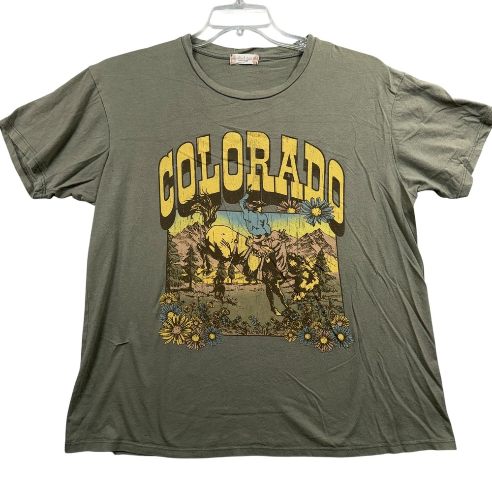Altar'd State T-Shirt Women S Green Colorado Graphic Western Bronco Distressed